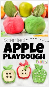 Young kids not only love playing with play dough, but it is great for strengthening hand muscles, sensory activity, and exploring creativity too. This apple playdough is a quick and easy-to-make autumn playdough to enjoy in September. Use this fall playdough recipe with toddler, preschool, pre-k, kindergarten, first grade, and 2nd graders too. Whether you use this apple playdoh as part of an apple theme or hands-on apple activities – this is sure to delight the senses!