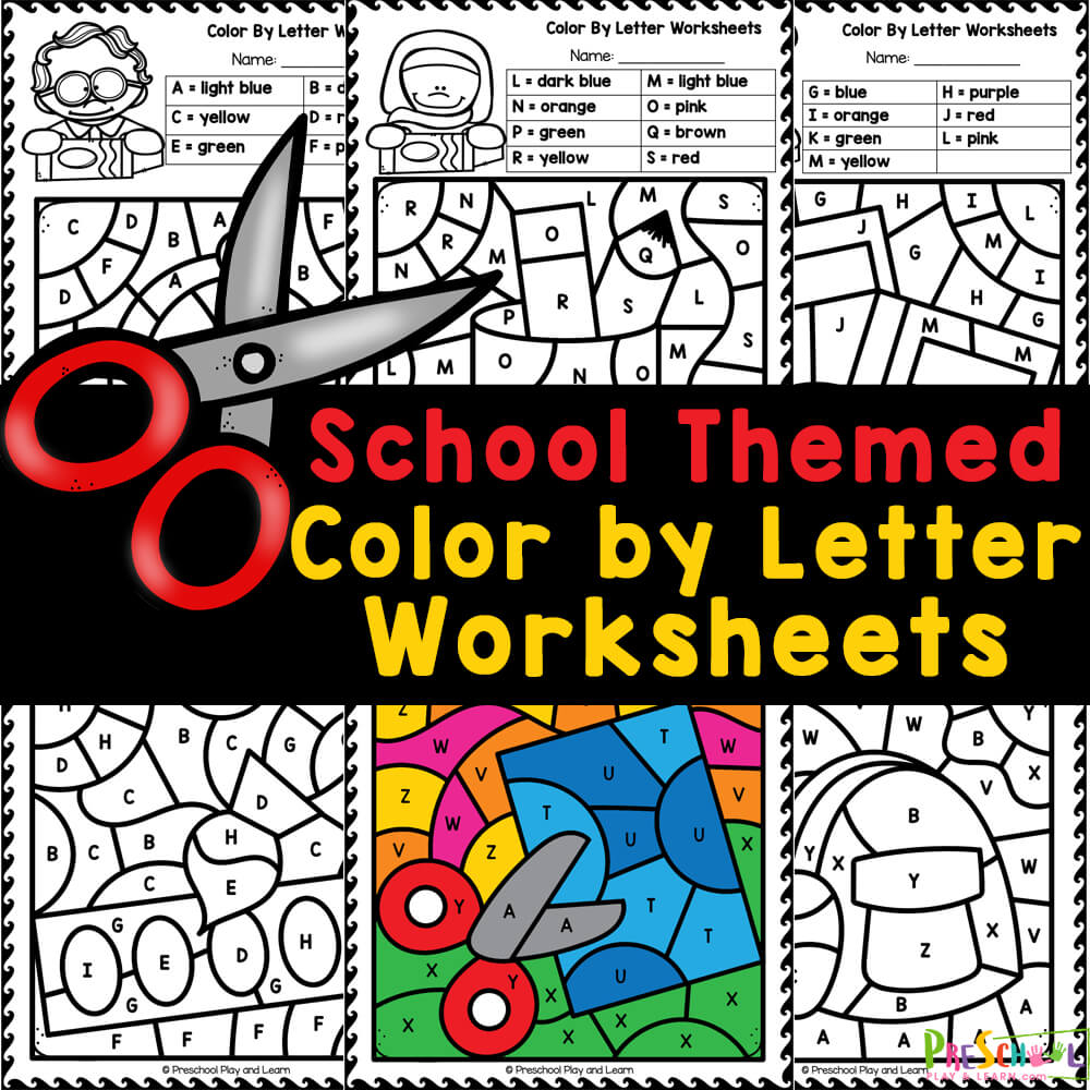 Enhance letter recognition skills with FREE printable alphabet worksheets where preschoolers will color by code, features school supplies for back to school!