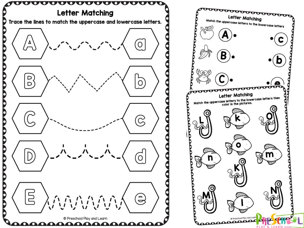 Read the uppercase letter in the star and color in the matching lowercase in one of the planets
Pirate Lettesr! Cut out the uppercase letters and paste on the 'x' in the matching lowercase letter map
Let's Go Fishing for Letters! Draw a line to connect the letters, then color in the pictures 
