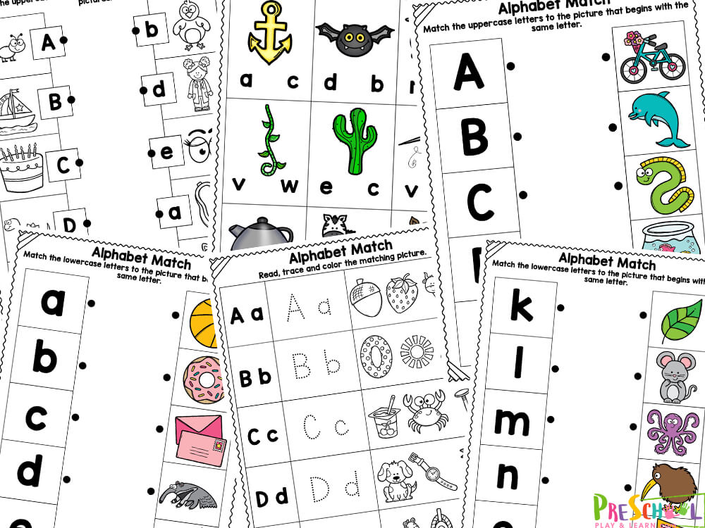 No need to buy pages or workbooks to help your kindergartners and prek students practice matching alphabet letters! These free printable alphabet matching worksheet page are perfect for getting lots of practice. Whether you are a parent, teacher, or homeschooler - we've crafted these pages to help your child practice matching both upper and lower case letters as well as the letter with a picture featuring an image with the same beginning sound. These alphabet worksheets for preschoolers are sure to get students excited about learning! 