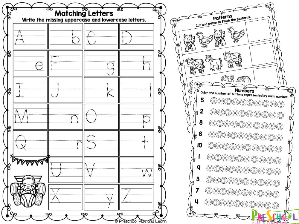 The activities in this pack include:

Trace the lines
Trace the lines to complete the mazes
Cut and paste to finish the patterns
Draw a line to match the two halves of the pictures
Circle or dab the letters in your name, then write your name
Write in the missing uppercase or lowercase letters