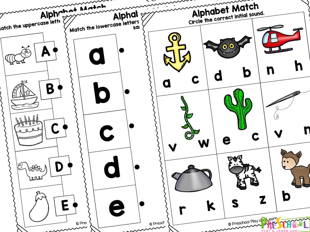 There are a total of 23 pages in this alphabet pack. The letter activities in this pack include:Match the uppercase letters to the lowercase letters and color the pictures
Read, trace and color the matching picture
Circle the correct beginning sound

Match the upper case letters to the pictures
preschool alphabet worksheets