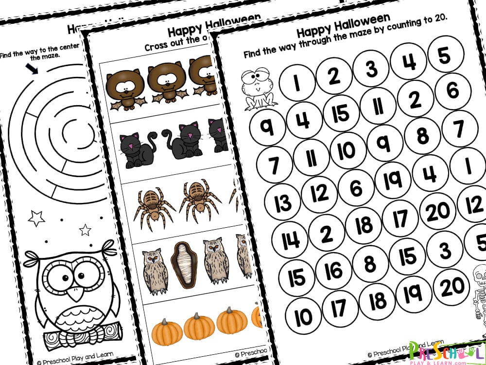 Match the picture to its shadow
Draw five different Jack-o-Lanterns
Mazes
Count and circle the correct answer
How many bats and owls?