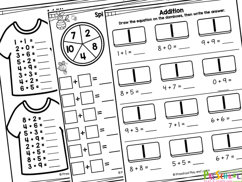 The addition pages in this worksheet pack include: Count, color, add and cut and paste in the answer Trace the number, write the number and cut and paste to build the number Draw the equation on the dominoes, then write the answer