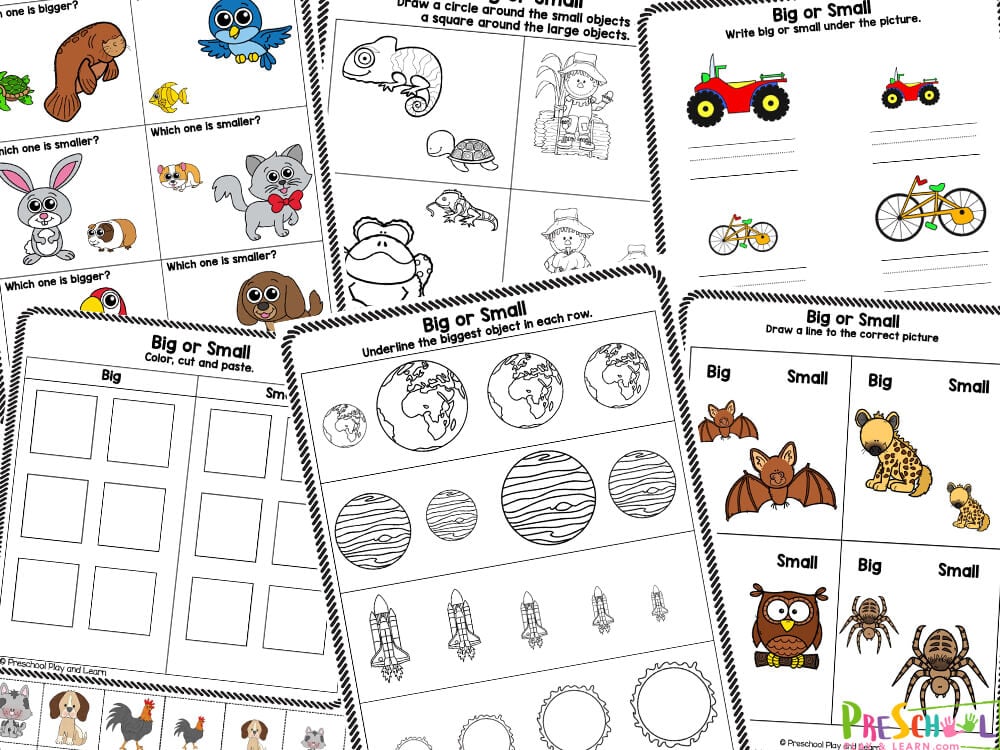 Looking for fun and no-prep big and small activities for preschool? Grab these free big and small worksheets to make practicing easy with preschoolers and kindergartners! Whether you are a parent, teacher, or homeschooler – you will love these no-prep preschool math worksheets which help students strengthen their fine motor skill while working on their size and measurement skills. 