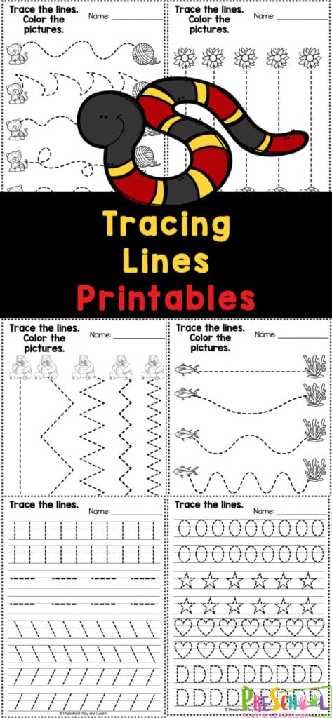 Grab these tracing lines worksheets to give young children practice with fine motor skills! This pages of line tracing for preschool, toddler, pre-k, and kindergarten is a fun school activity that will get kids ready to write letters. This pack is filled with many different straight and curved lines, plus different shapes for children to trace. Simply print the tracing lines worksheets for 3 year olds and you are ready to play and learn!