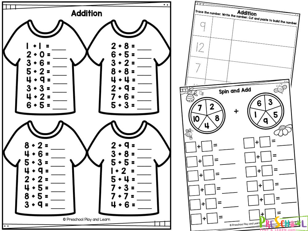Spin and add and write the answer Color, then create the equation and write the answer Write the answer Complete the equations in the shirts