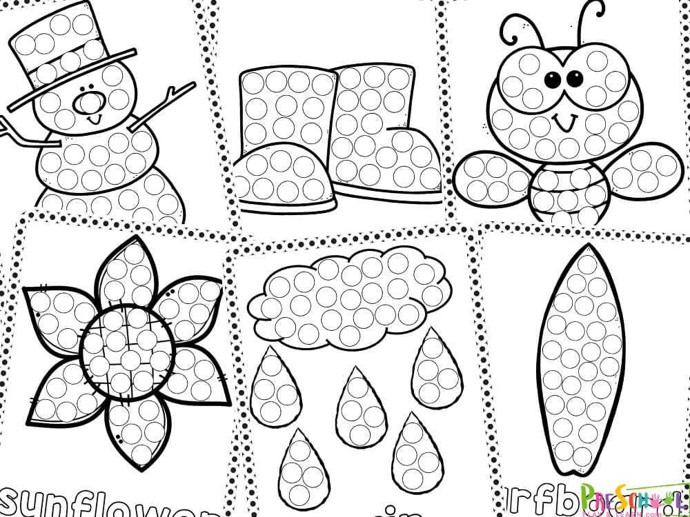 If you are looking for free preschool worksheets, you will love this no-prep pack of bingo dauber activity sheets. This set contains twenty-eight pages for toddlers, preschoolers, and kindergartners to complete. These season printables help students learn about fall, winter, spring, and summer while decoring the pictures of seasonal images with dot markers. 