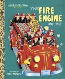 The Fire Engine Book was written and illustrated by Tibor Gergely. This Little Golden Book follows a group of brave firefighters as they save the day. The text uses lots of fun noises and the colorful illustrations are nostalgic.