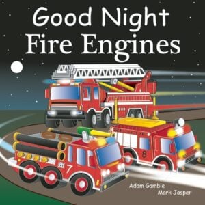 Good Night Fire Engines was written by Adam Gamble and illustrated by Mark Jasper. This addition to the Good Night Our World series greets firefighters and their equipment as they go about their day, winding down to bid them goodnight at the end of the day.