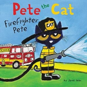 Pete the Cat: Firefighter Pete was written by James Dean and illustrated by Kimberly Dean. Join the popular groovy cat as he and his class go to the firehouse for a field trip. Pete and his friends enjoy meeting the firefighters and exploring the station, but when the alarm goes off, Pete helps save the day!