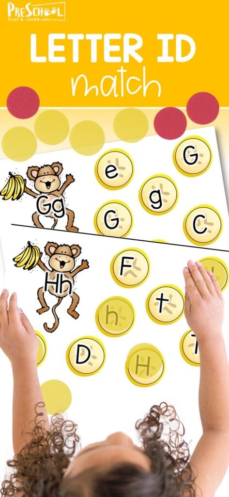 Help preschool, pre-k, and kinderagrten students learn to recognize upper and lowercase letters with this super cute, free printable Monkay Banana letter match. This is a fun letter recognition activity that uses the convenience of a printable with a hands-on component too.  This is a great tool as you work on how to teach letter identification!