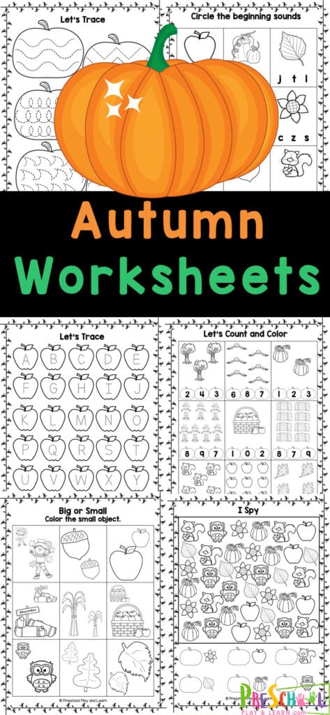Make practicing math and litearcy skills fun for kids by using these free Autumn worksheets for preschoolers! These fall worksheet for preschool combine cute clipart with important pre-k skills for no-prep educational activities kids will beg to do! 