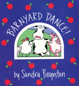 Barnyard Dance was written and illustrated by Sandra Boynton. This fun rhyming book joins a group of animals as they dance around the barnyard. The rhyming text is paired with sweet cartoon illustrations, and includes lots of fun animal noises for kids to repeat.