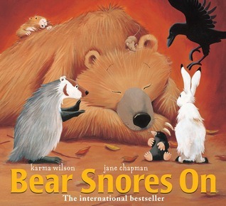 Bear Snores On was written by Karma Wilson and illustrated by Jane Chapman. Bear is sleeping soundly in his den when a bunch of animals sneak in to avoid the cold. He snores on for a while, until he is awakened and realizes they were all having fun without him. This sweet rhyming story is a great bedtime book for little ones.