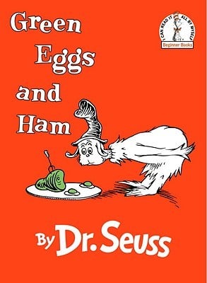 Green Eggs and Ham was written by Dr. Seuss. In this classic book, the main character tells Sam-I-Am that he does not like green eggs and ham, but Sam-I-Am is determined to make him try them. As the characters continue to argue, the repetitive rhyming text takes the characters to all kinds of crazy places and situations.