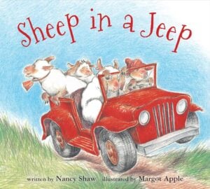 Sheep in a Jeep was written by Nancy E. Shaw and illustrated by Margot Apple. This peppy rhyming book follows a group of sheep in a jeep as they head out for an adventure. The simple rhyming text is paired with adorable illustrations of the little sheep and their bright red jeep.