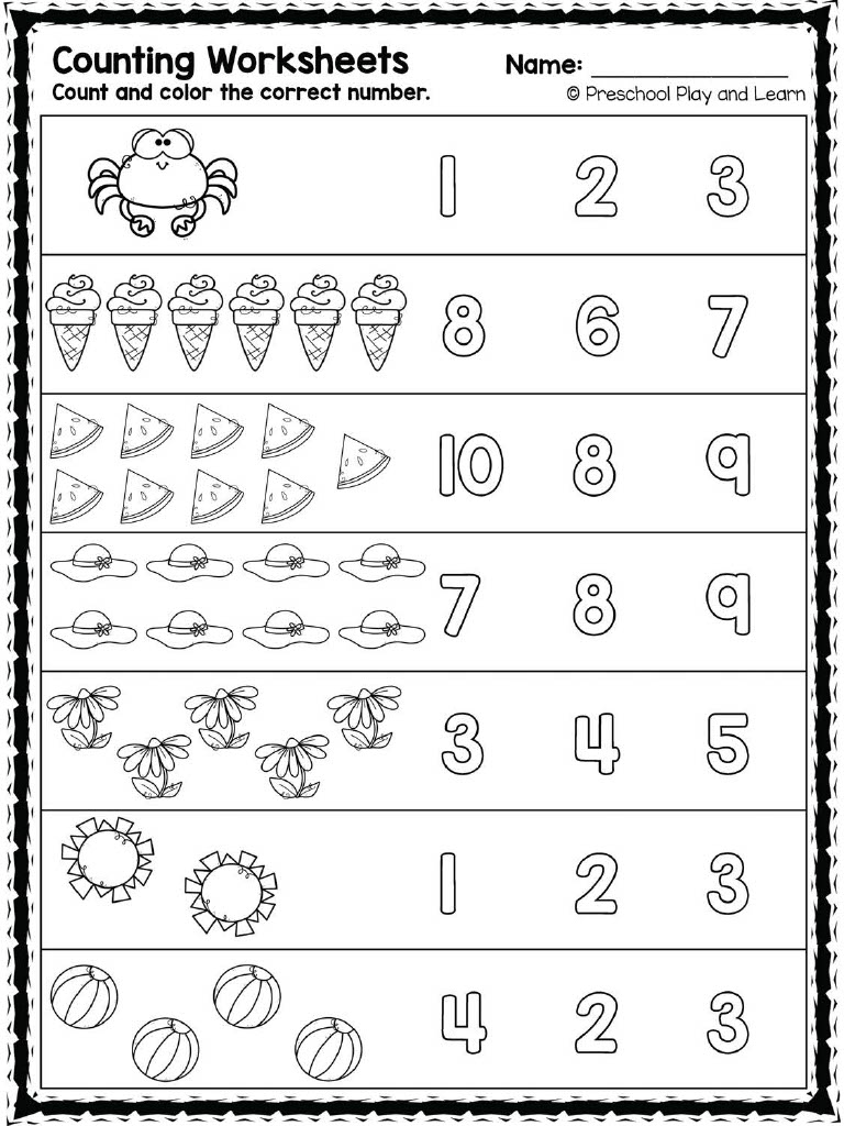 FREE 1-10 Preschool Counting Worksheets pdf