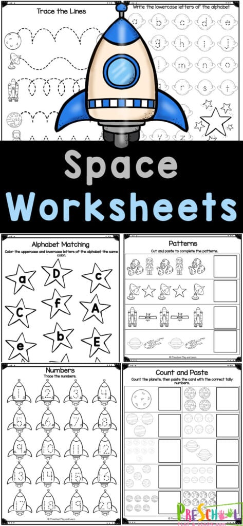 Children will have fun practicing math, literacy, and other early learning skills with these space worksheets for preschoolers. These free printable space worksheets have lot of options - making them ideal for preschool, pre-k, lk5, and uk5 students. Simply download and print the kindergarten space worksheets and you are ready to play and learn!