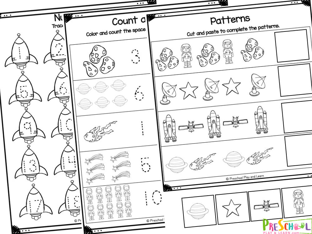 Star Letter Matching - Color the uppercase and lowercase letters of the alphabet the same color Space Cut and paste to complete the patterns Sizing up the Solar System - color the pictures according to the code Tocket Number Tracing - Trace the numbers from one to 20 Odd and Even Satelite Coloring