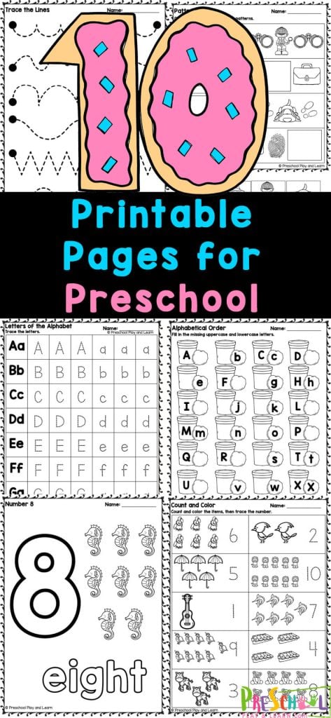 These exciting new printable pages for preschool include a variety of fun activities for kids to learn a variety of skills including math and literacy skills.  These pre k free printable worksheets allow young children to learn about counting, tracing and the alphabet too. Simply download the prek learning worksheets and you are ready to go!