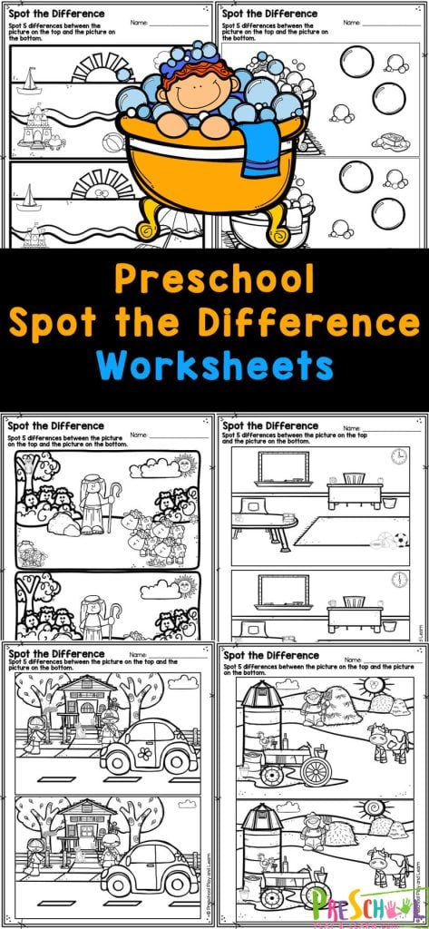 Download these free printableย spot the difference worksheets perfect for helping preschool, pre-k, and kindergarten students work on visual discrimination skills. Theseย spot the difference sheets are a fun, no-prep activity for kids! Download these free printableย spot the difference worksheets perfect for helping preschool, pre-k, and kindergarten students work on visual discrimination skills. Theseย spot the difference sheets are a fun, no-prep activity for kids!
