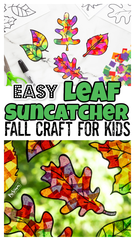 Get ready to have fun creating a gorgeousl leaf suncatcher craft with this leaf arts and crafts for preschoolers. This fall craft for preschool uses a free printable template and easy tecnique to produce a gorgeous autumn project for kids of all ages!