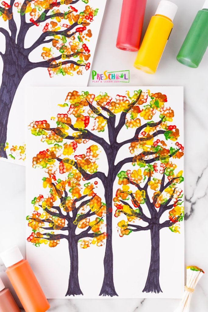 I feel like this qtip painted fall trees project is not only a great fall craft for kids of all ages, but a great introduction to pointillism as well. You could use this to springboard to learn more about some famous impressionist painters like seurat and 