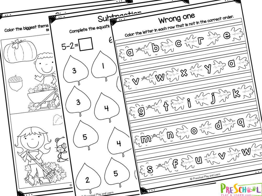 Fall Worksheets for Preschool This worksheet pack contains 20 pages of fun rhyming activities that children will enjoy:
Cut and paste leaves or not
Trace the lines - raking leaves, pumpkins, sunflowers, and apples
Scarecrow mazes
Leaf Alphabetical Order - color the letter in each row that is not in the correct order
Apple lowercase letter tracing
Write the uppercase letters of the alphabetย
Hay uppercase and lowercase letters matching and coloring activity
