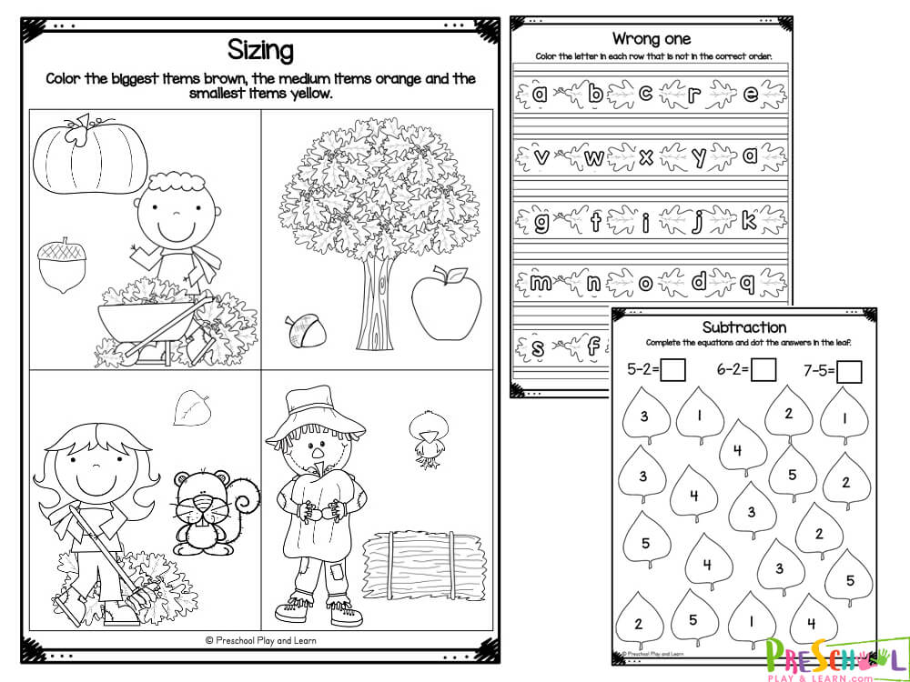 autumn worksheet preschool Cut and paste fall patterns
Color by code for small, medium and large size discrimination
Leaf Pile Number Tracing
Fall I Spy Printables
Sunflower Odd or even number colouring
Count and color fall items, then write the number
Autumn count and paste the correct number
Apple Addition Worksheet
Simple Subtraction Apple Worksheet - complete the equations and dot the answers