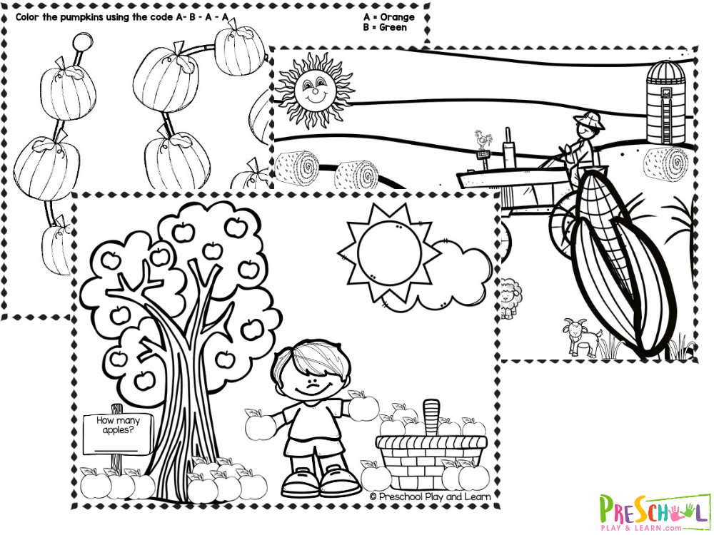 Autumn coloring pages There are ten pages in this pack. Each page includes an image that is to be colored in. The themes for each page are:
Autumn Hay Rides
Falling Leaves
Apple Tree
Scarecrow with sunflowers
I Love Fall
Pumpkin Patch
Autumn Harvest
Color the Pumpkins using the code
Pumpkin Spice
Owls