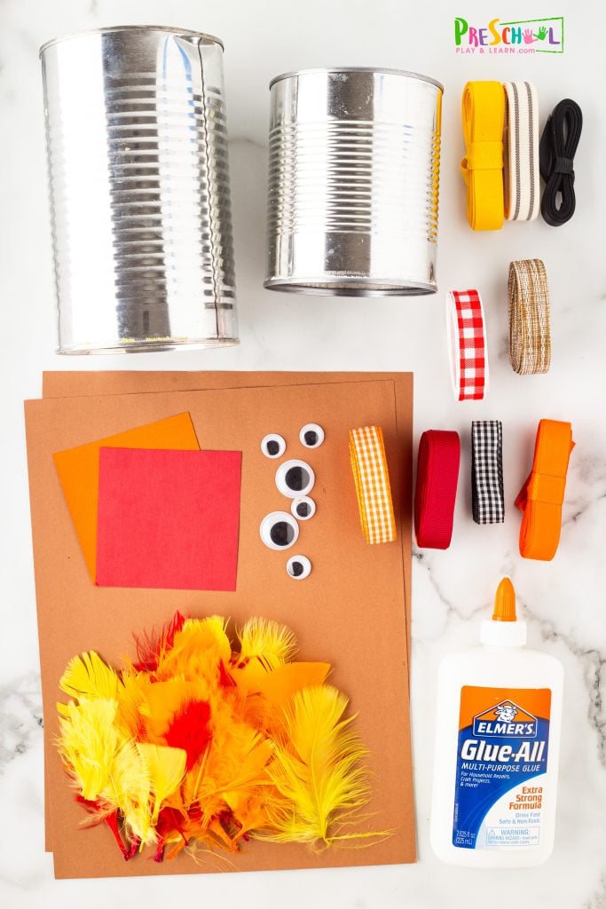 All you need to make this cute turkey craft project are a few simple materials:

empty / clean can or toilet paper roll
construction paper
tape or glue
scissors
colorful feathers
fall colored ribbons