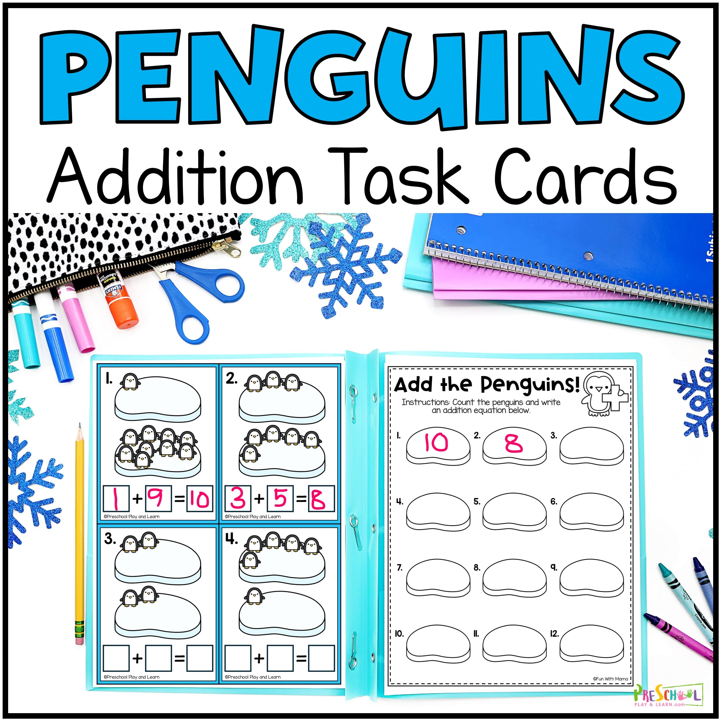 Make the most of learning with a fun, free printable winter math activity. This adorable penguin set helps pre-k work on addition.