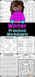It may be cold outside, but the learning is just getting heated up with these preschool winter worksheets! This pack contains 20 pages of preschool winter activity sheets to keep kids engaged and learning. Some of the activities you will find in these free worksheets include cut and paste winter or not winter, line tracing, letters, alphabetical order, alphabet matching, patterns, numbers, size sequencing, counting, shapes, and color by number pictures too. Simply download the winter worksheets for preschoolers and you are ready to play and learn!