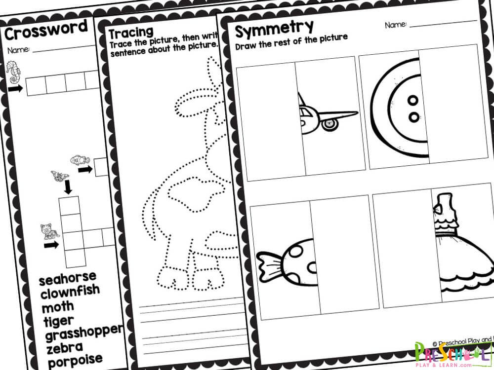 There are 35 no-prep pages in this pack: Trace the lines - two pages Find the way through the mazes - five pages Draw the rest of the picture - five symmetry pages Dot to dot for preschoolers Narwhal connect the dots Goldfish connect the dots Urchin connect the dots Fox connect the dots Pig connect the dots Pear connect the dots Raspberry connect the dots Orange connect the dots Onion connect the dots  Radish connect the dotes Hen trace the picture Horse trace the picture Sheep trace the picture Pig trace the picture Cow trace the picture Goat trace the picture Dog trace the picture Cat trace the picture 