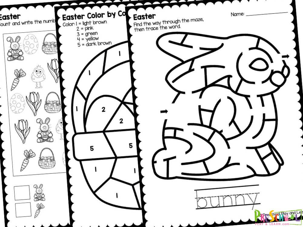 These no-prep pages come in black and white and include:

Trace the lines 
Trace then decorate - An egg, a jellybean and a cross
Find the way through the maze - A basket, a bunny and three eggs
Connect the dots - a bunny and an egg
Trace the letters of the alphabet
Trace the numbers from one through 16
Unscramble and match the words
I Spy - Count and write the number
Cut and paste to complete the patterns
Easter Color by Code - A basket, an egg and a tulip
Color the shapes according to the code
How many eggs can you count?
Decorate the eggs