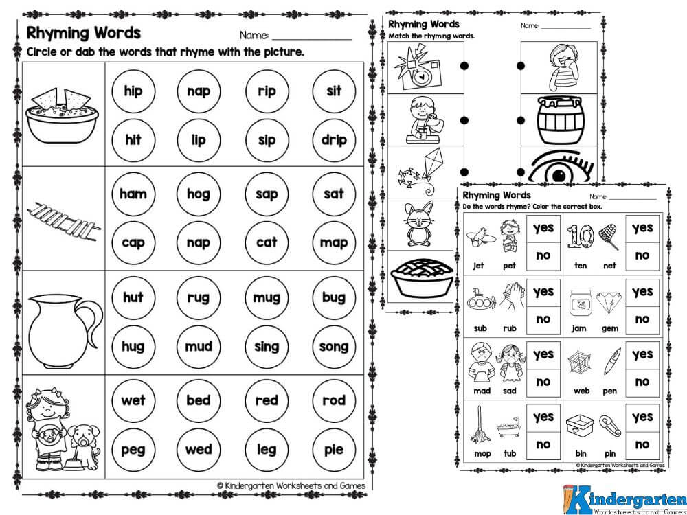 free printable preschool rhyming worksheets These free preschool rhyming worksheets come in black and white only. You can also laminate some of the pages for durability and then your child can use a dry erase marker to do the activities over and over again!