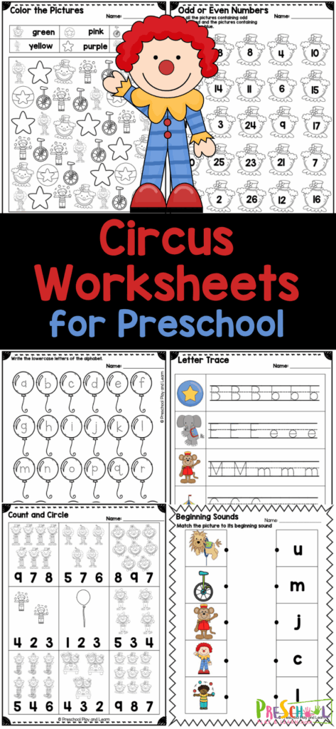 Bring the magic of the circus to your kids with our Preschool Circus Worksheets! The free circus printables for preschool are filled with engaging activities for preschoolers and kindergarteners to develop early math and literacy skills, all while exploring a vibrant circus theme. From the dazzling big top to playful clowns, unicycles, monkeys, lions, and elephants, there’s so much fun to be had! Simply download and print the preschool circus theme printables pdf and you're all set to spark creativity and learning in your child's day!