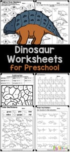 Get excited for our free Preschool Dinosaur Worksheets! This fantastic collection of dinosaur pre-k worksheets features 38 pages of fun and engaging activities centered around a dino theme. Your little ones will enjoy mazes, cut-and-paste activities, line tracing, sequencing games, alphabet exercises, vowel hunts, color by letter, number practice, differentiating odd and even numbers, a dinosaur I Spy game, counting activities, addition and subtraction printables, and much more. Plus, we've included an answer key to make it easy for parents and educators. Simply download theย dinosaur worksheets for preschoolers and watch kids explore the prehistoric world of dinosaurs while learning!