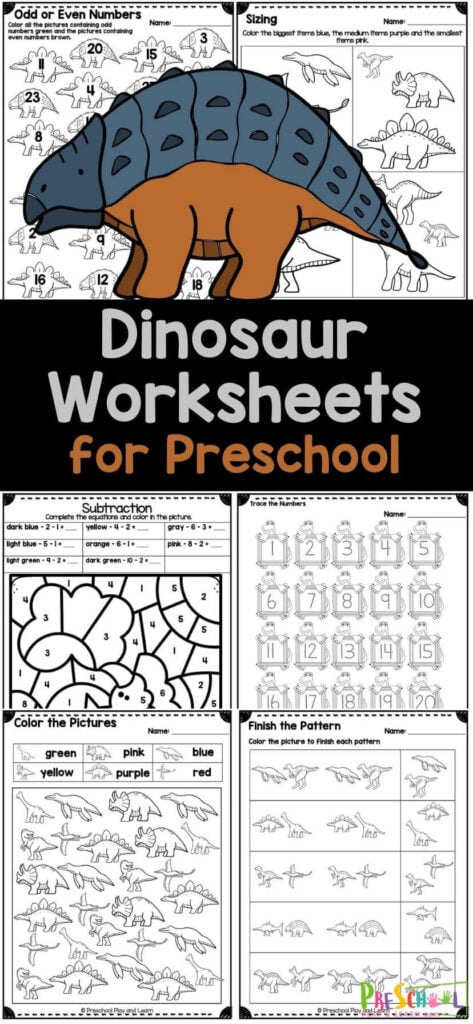 Get excited for our free Preschool Dinosaur Worksheets! This fantastic collection of dinosaur pre-k worksheets features 38 pages of fun and engaging activities centered around a dino theme. Your little ones will enjoy mazes, cut-and-paste activities, line tracing, sequencing games, alphabet exercises, vowel hunts, color by letter, number practice, differentiating odd and even numbers, a dinosaur I Spy game, counting activities, addition and subtraction printables, and much more. Plus, we've included an answer key to make it easy for parents and educators. Simply download the dinosaur worksheets for preschoolers and watch kids explore the prehistoric world of dinosaurs while learning! Get excited for our free Preschool Dinosaur Worksheets! This fantastic collection of dinosaur pre-k worksheets features 38 pages of fun and engaging activities centered around a dino theme. Your little ones will enjoy mazes, cut-and-paste activities, line tracing, sequencing games, alphabet exercises, vowel hunts, color by letter, number practice, differentiating odd and even numbers, a dinosaur I Spy game, counting activities, addition and subtraction printables, and much more. Plus, we've included an answer key to make it easy for parents and educators. Simply download the dinosaur worksheets for preschoolers and watch kids explore the prehistoric world of dinosaurs while learning!
