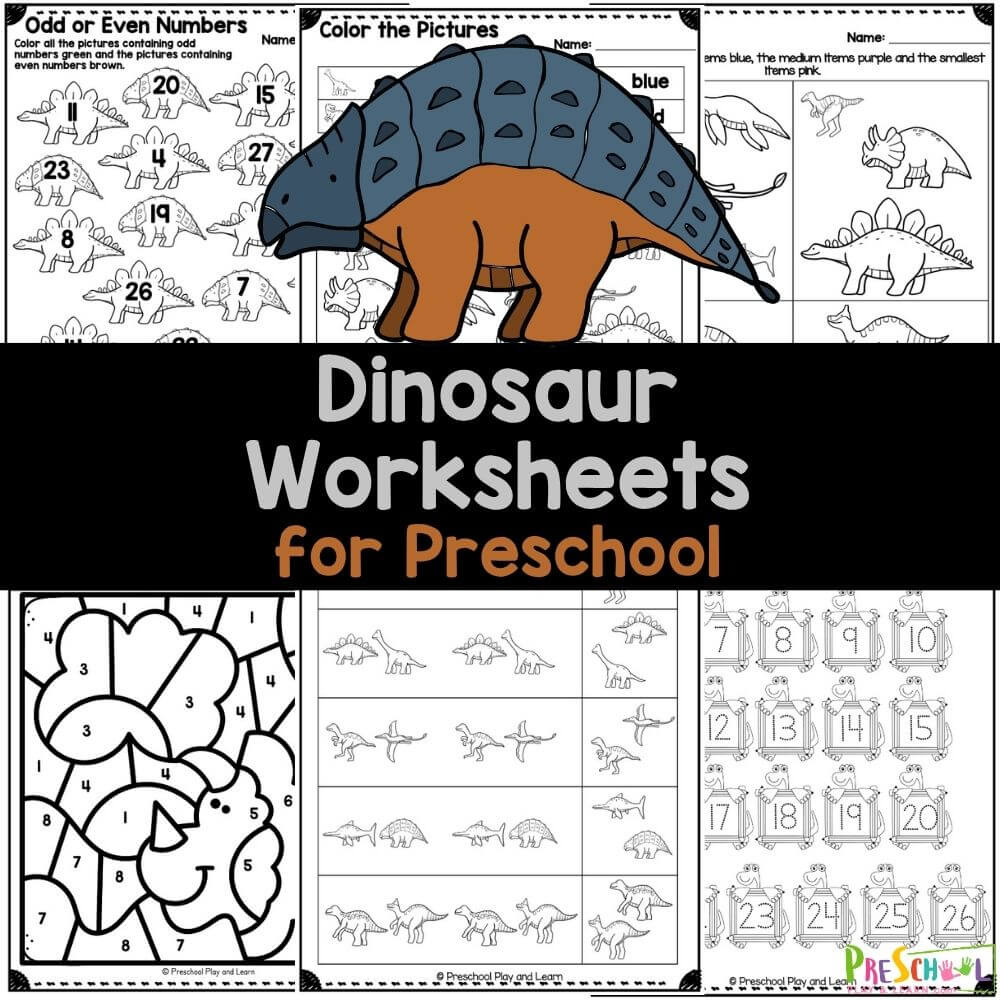 Download our free Preschool Dinosaur Worksheets featuring 38 pages of fun activities like mazes, tracing, counting, and more to help your preschooler learn with a delightful dinosaur theme!
