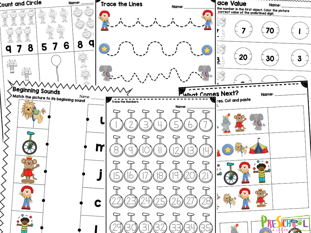 The activities in this pack include: Big Top Mazes Circus or Not Cut and Paste Activity Trace the Lines Finish the patterns with clowns, monkeys, lions, elephants, balls, juggler, unicycle, and circus tent, Circus What Comes Next? Cut and Paste worksheet Trace the lowercase letters of the alphabet Capital letters tracing page Find and color the letter C