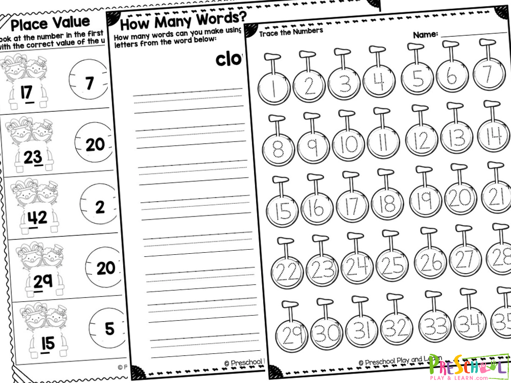 Beginning Sounds Matching - letters to circus clipart How many words can you make out of clown Trace the letters to common circus items Unicycle trace the numbers 1-35 Color the silly clown pictures according to their size